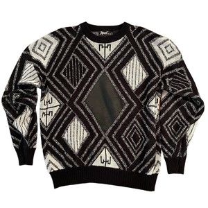 Vintage Impact Sweater Black White Leather Patch Argyle Knit Pullover Size XL